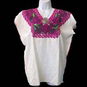 Maya Mexican Blouse Top Shirt Embroidered Flowers Huipil Chiapas